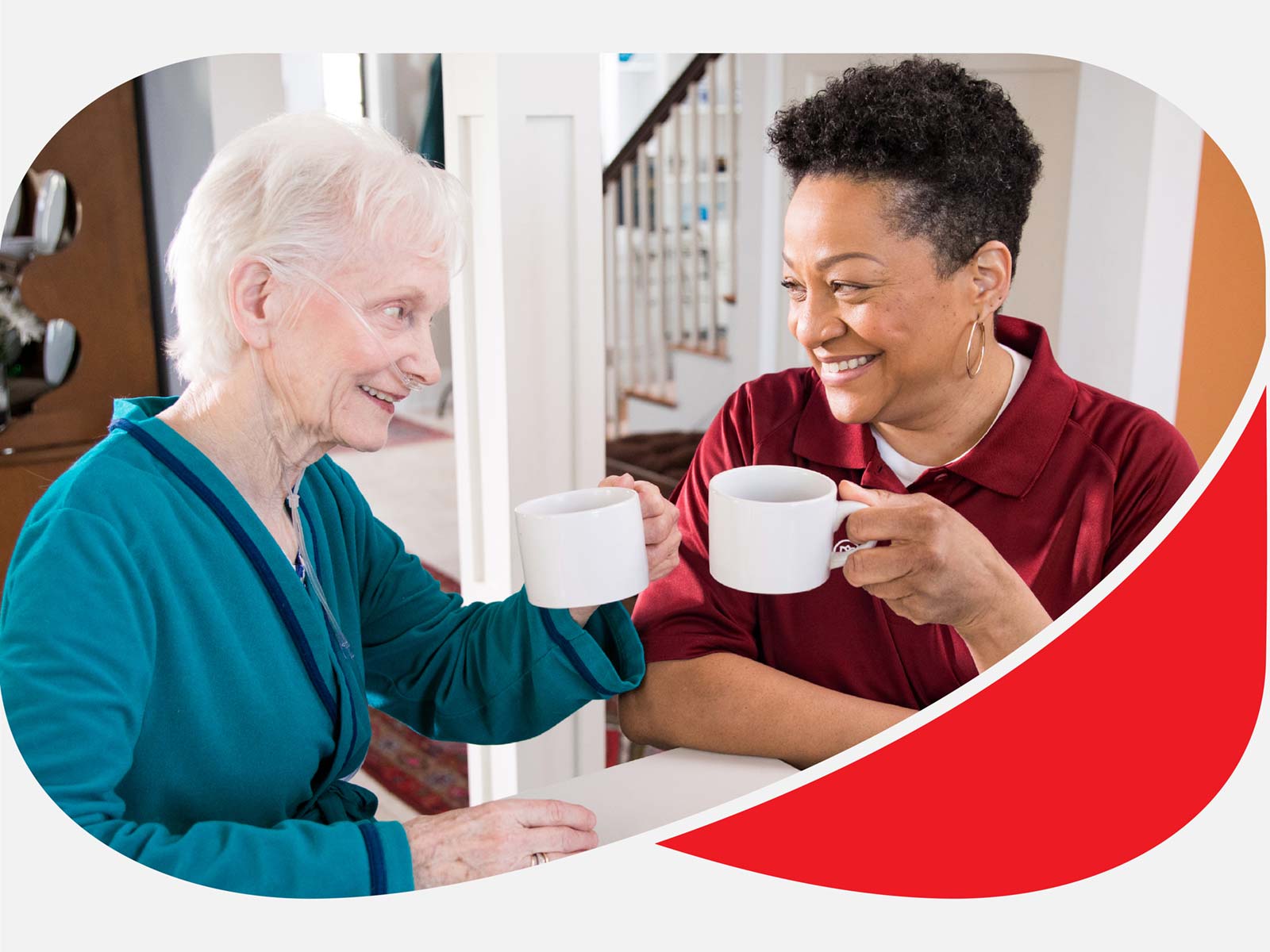 Aging woman and Care Professional smile and enjoy coffee together